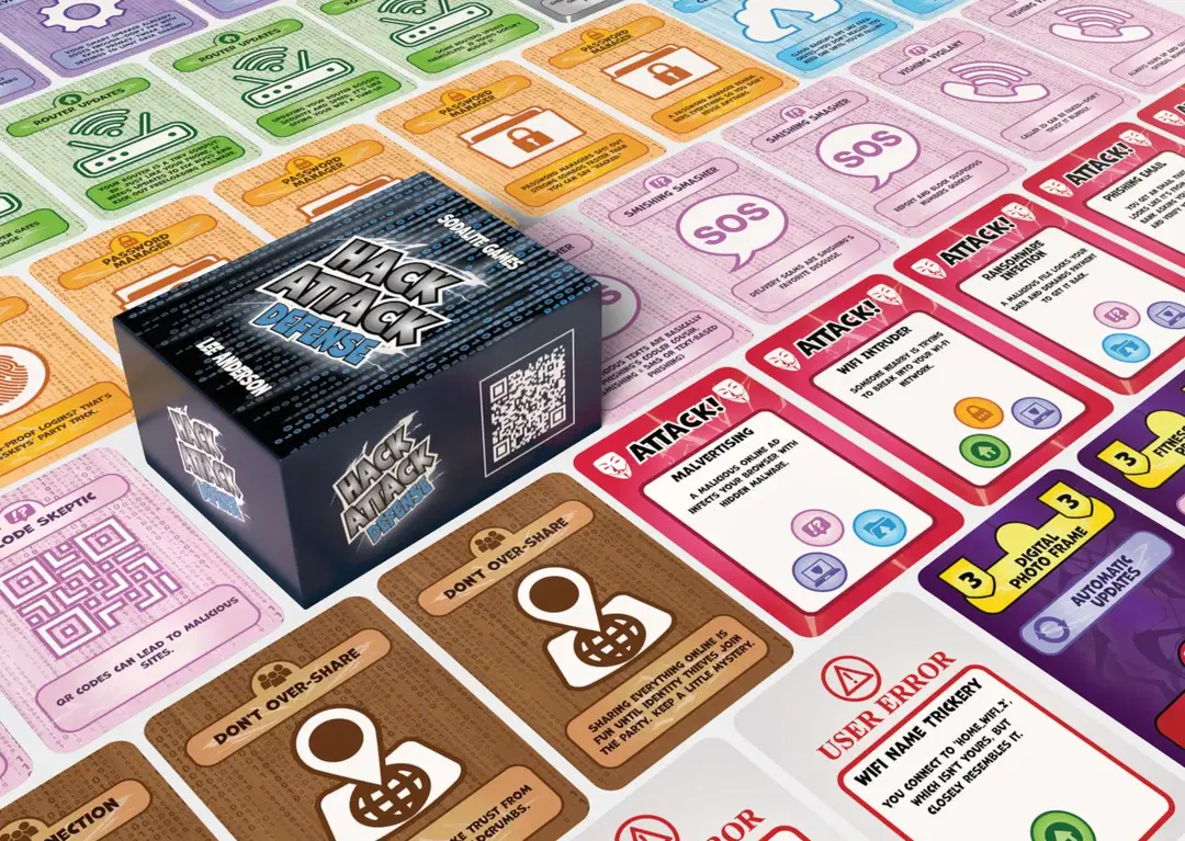 Hack Attack: Defense by Sodalite Games on a background of its cards
