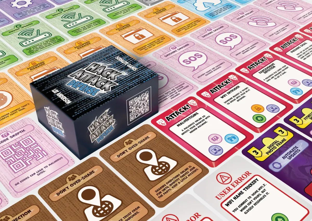 Hack Attack: Defense by Sodalite Games on a background of its cards