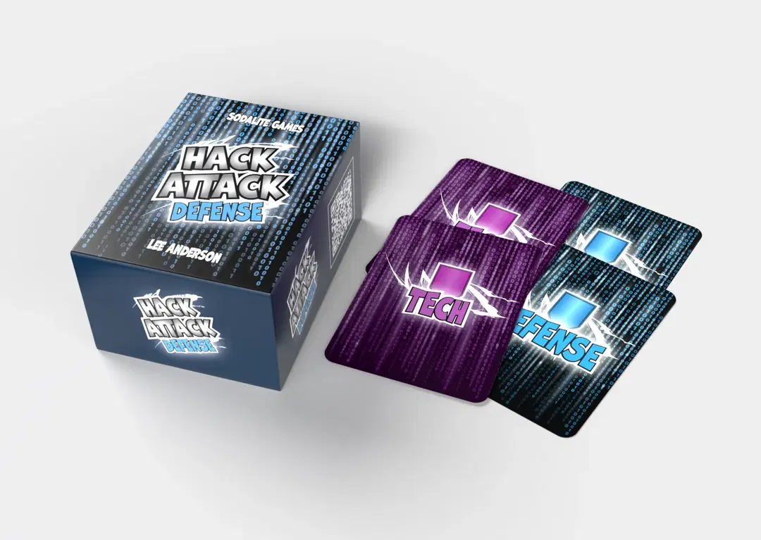 Hack Attack: Defense by Sodalite Games box, tech cards, and defense cards