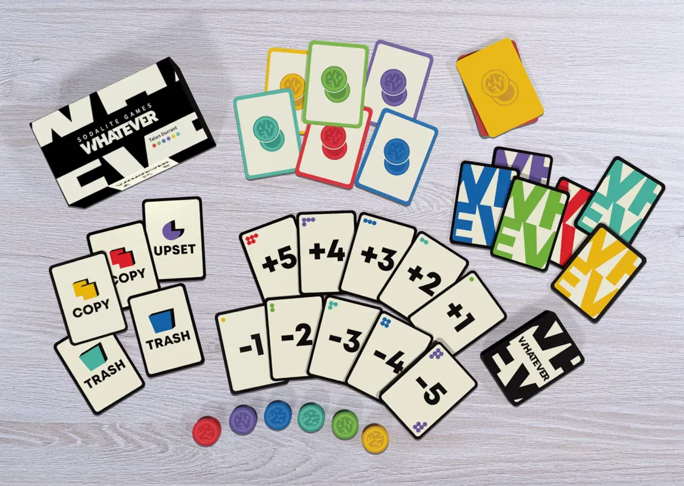 Presentation of WHATEVER by Sodalite Games on a wooden table