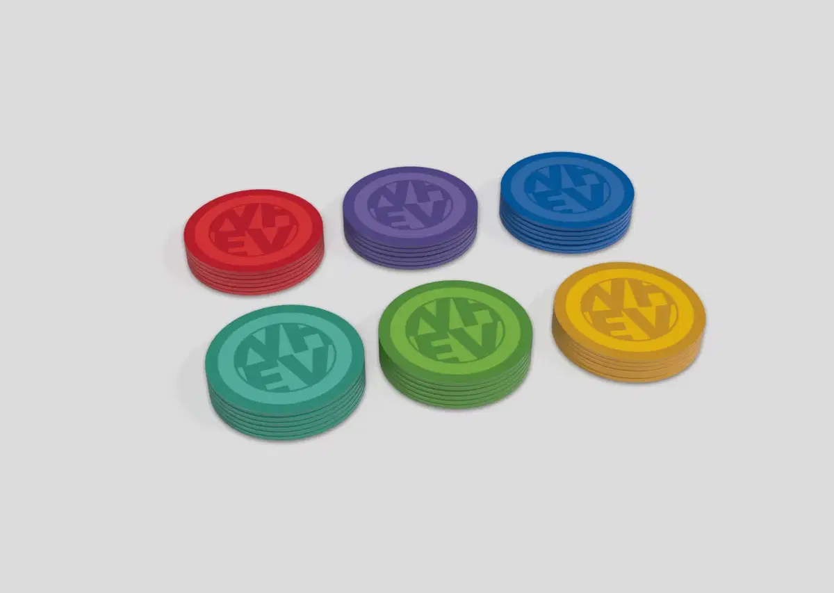 six different colored tokens from WHATEVER, a game by Sodalite Games