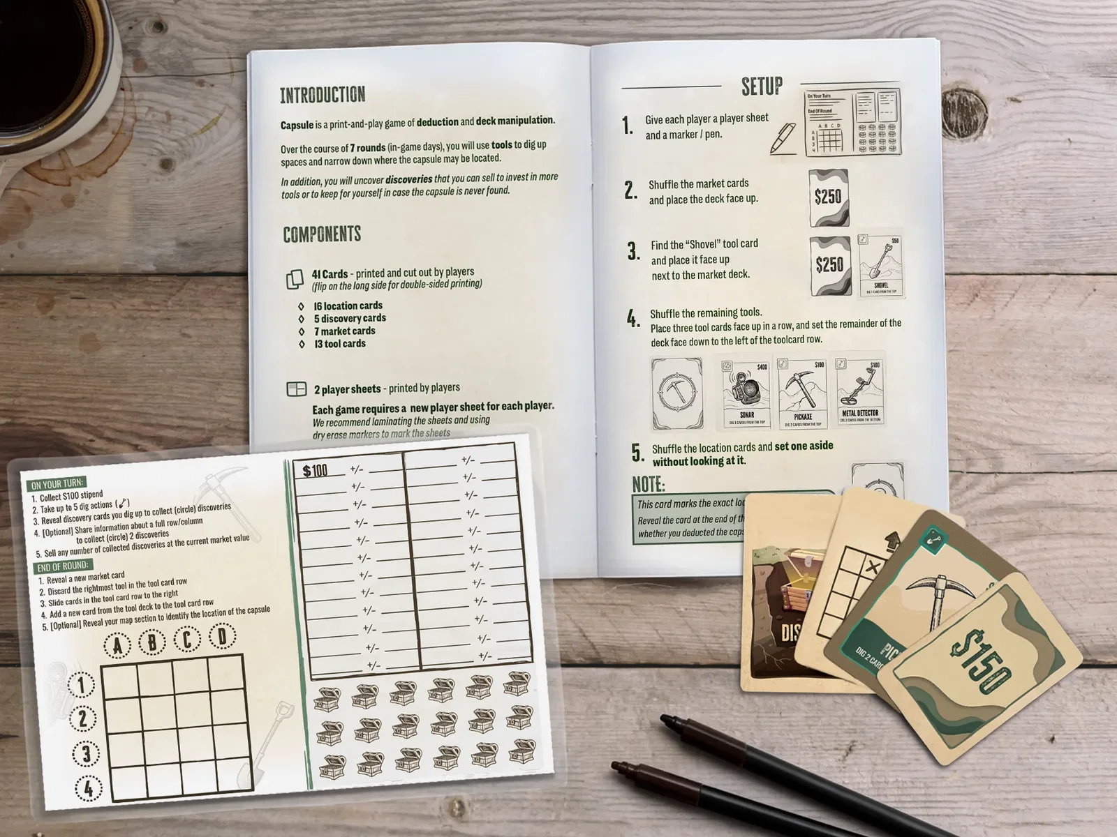 Capsule, a print and play game of deduction and deck manipulation