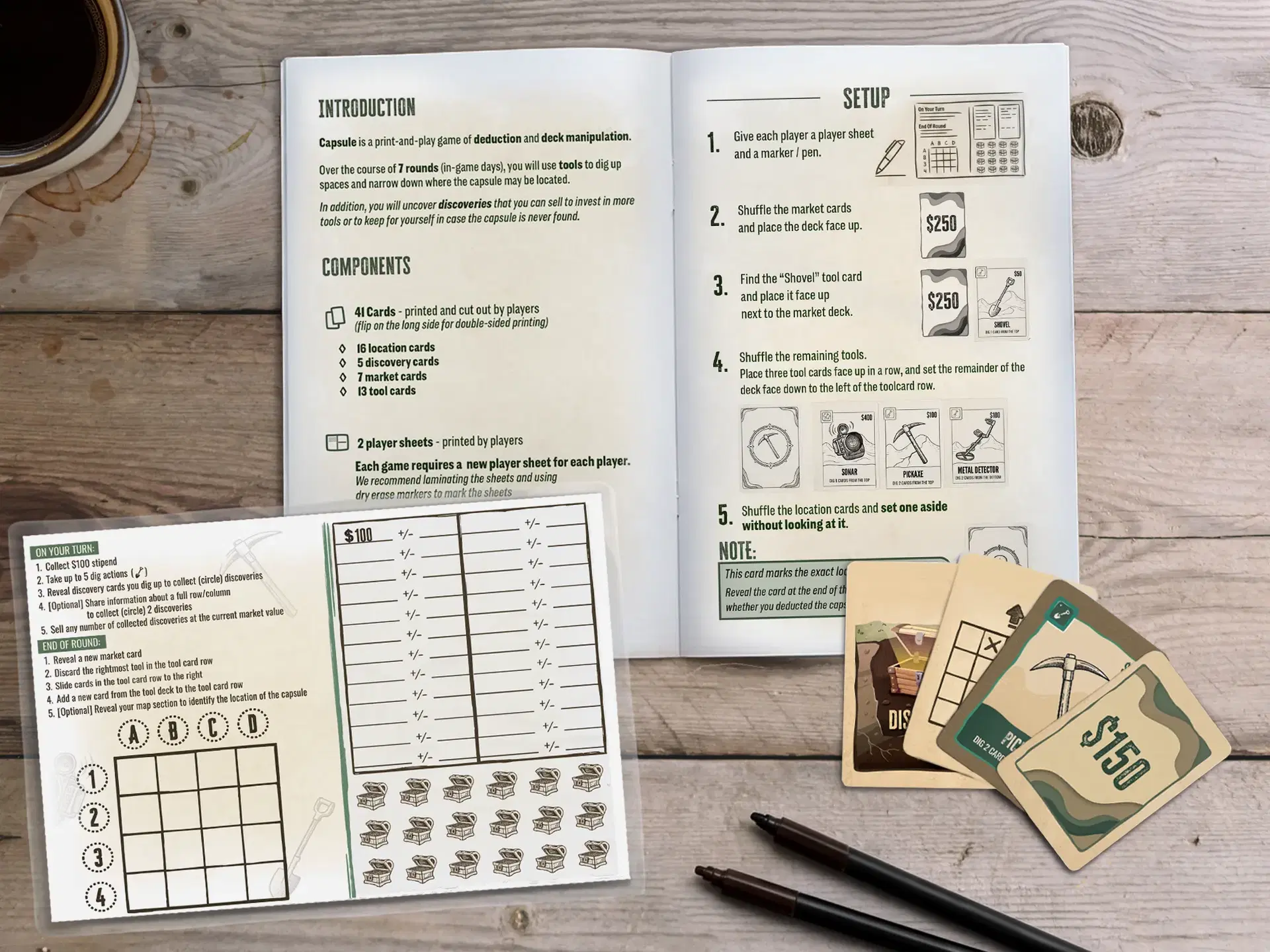 Capsule, a print and play game of deduction and deck manipulation