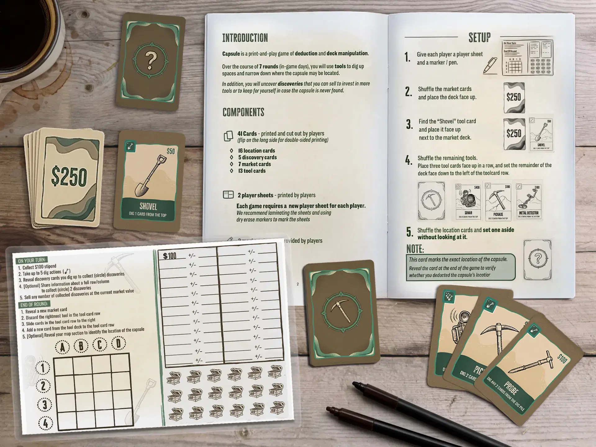 Capsule, a print and play game of deduction and deck manipulation