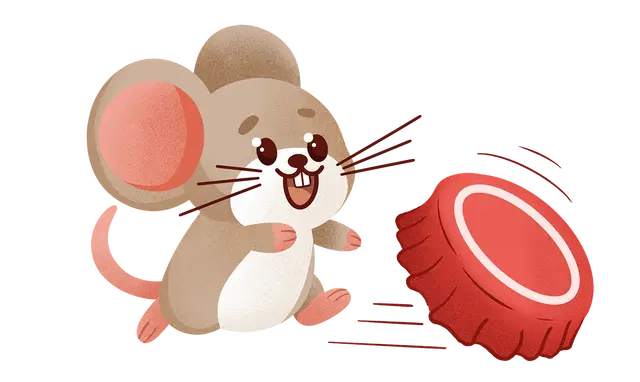 a cute, brown mouse chasing after a rolling bottlecap