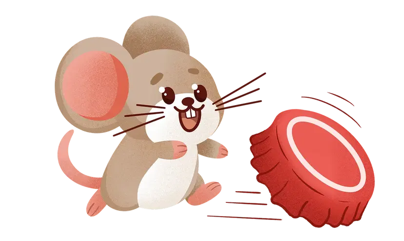 a cute, brown mouse chasing after a rolling bottlecap