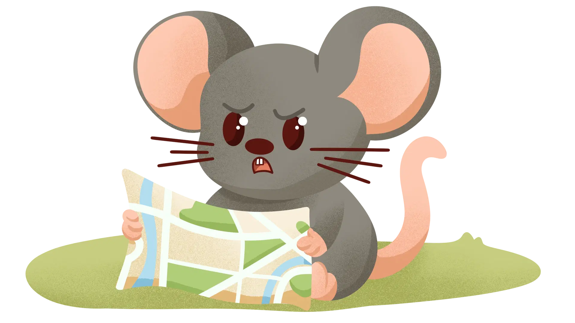 illustration of a mouse sitting in grass looking confusedly at a map