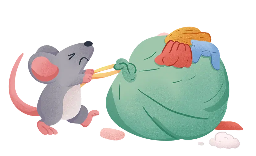 a mouse working hard to drag a large blanket stuffed with treasures