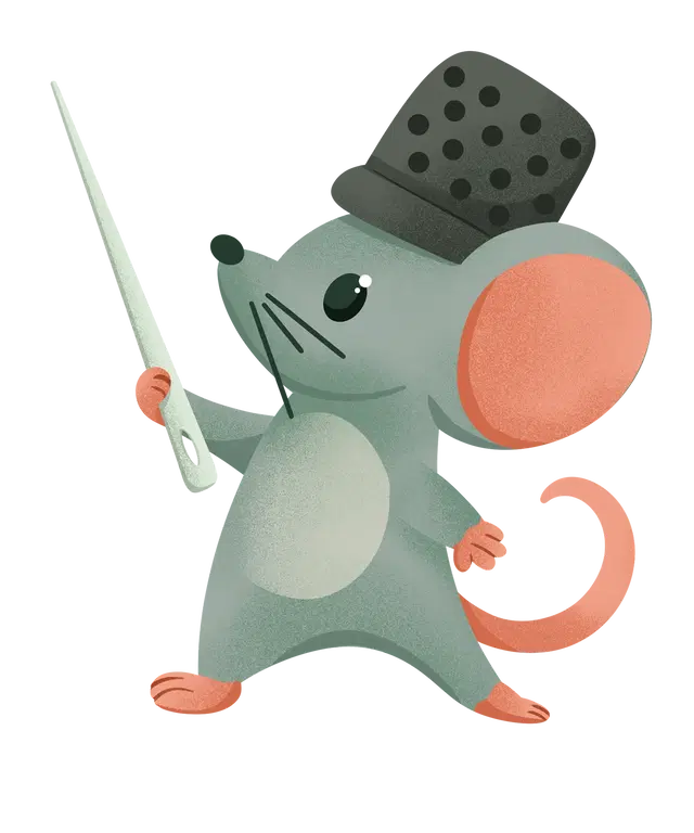 a mouse wearing a thimble as a hat, brandishing a needle as a sword
