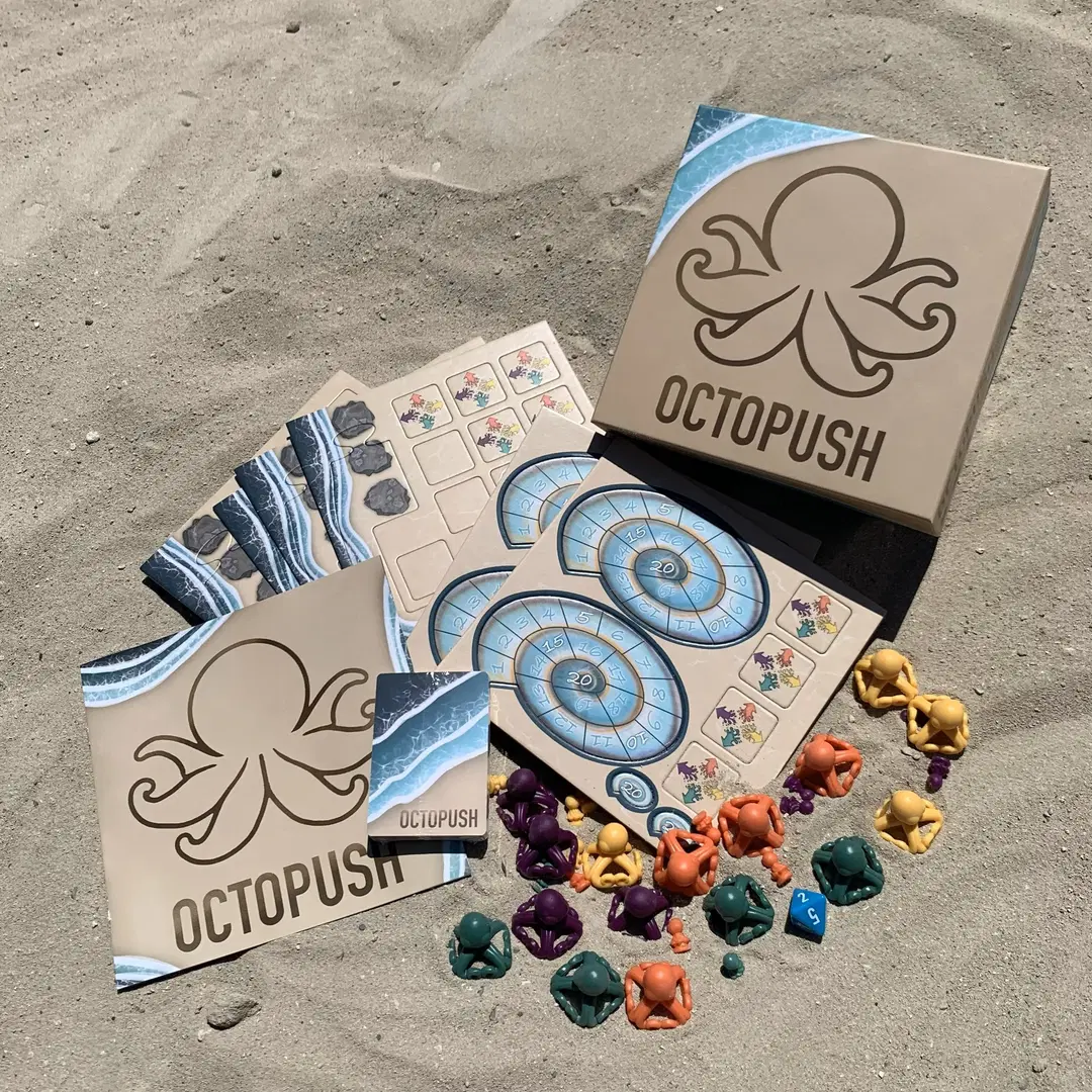Octopush displayed on a beach background