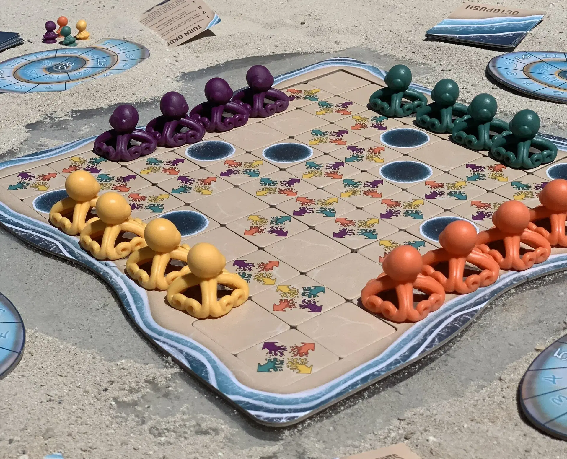 Octopush board game setup on the beach