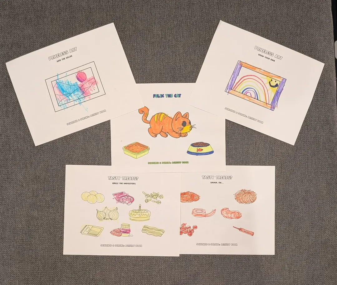 Scavenge & Scrawl: Activity Book colored in by markers