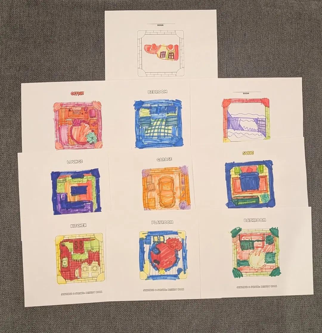 Scavenge & Scrawl: Activity Book colored in by markers